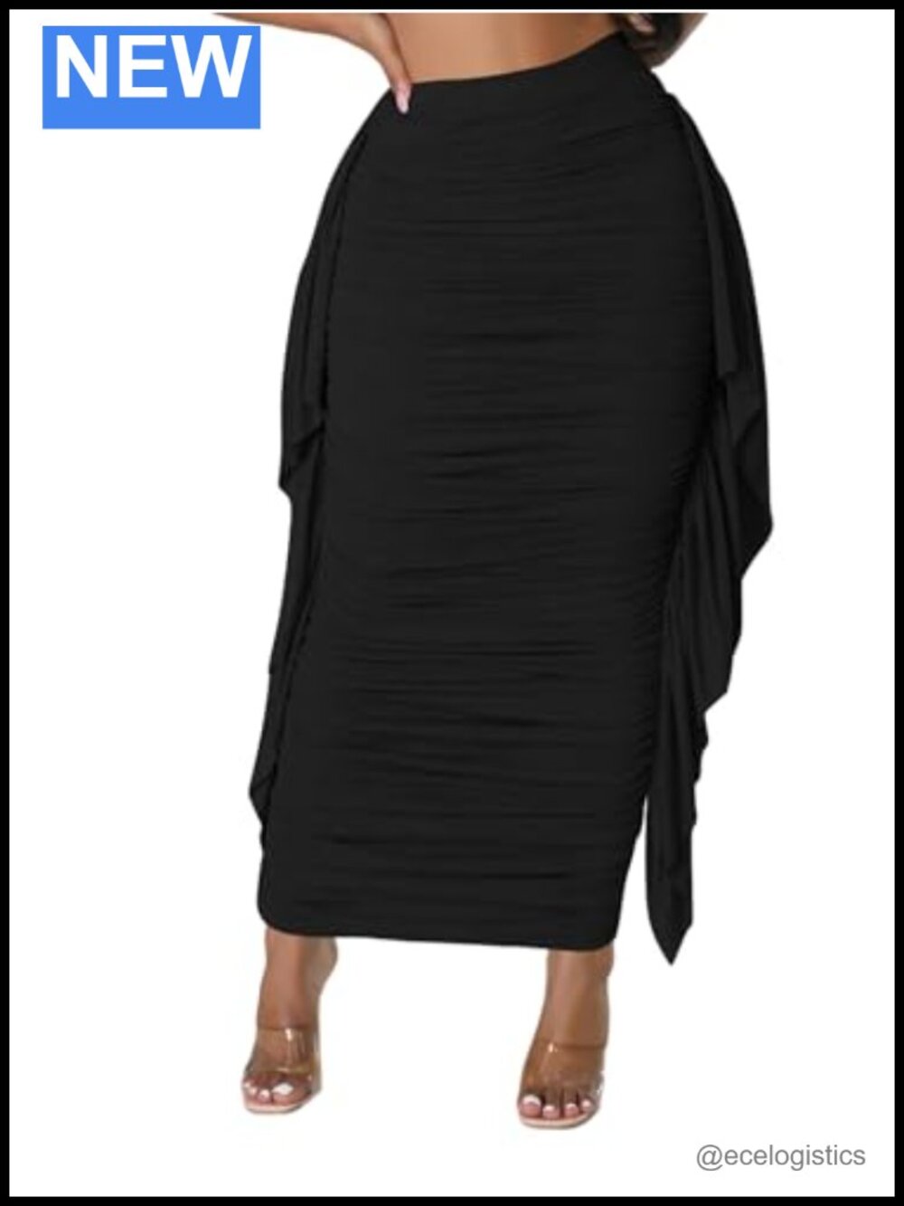 Women's High Waist Side Ruffle Ruched Bodycon Maxi Skirt